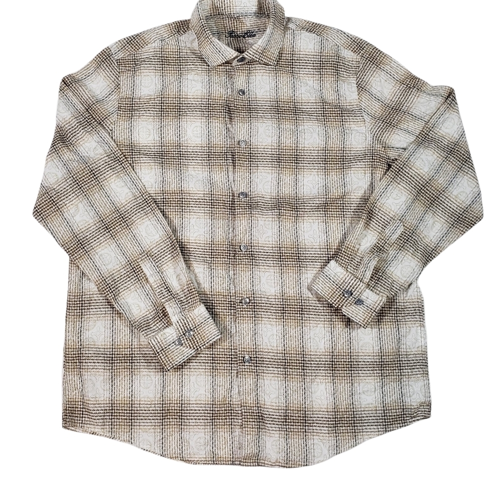 Tasso Elba Brown Blue Plaid Textured Shirt Mens Size XL ? Long Sleeved Button Up